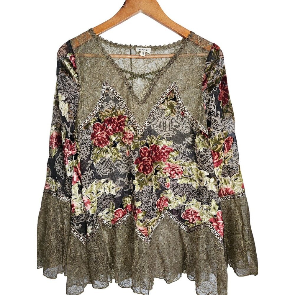 POL Lace Sheer Floral Burnout Romantic Witchy Tunic Top W/ Bell Sleeves S